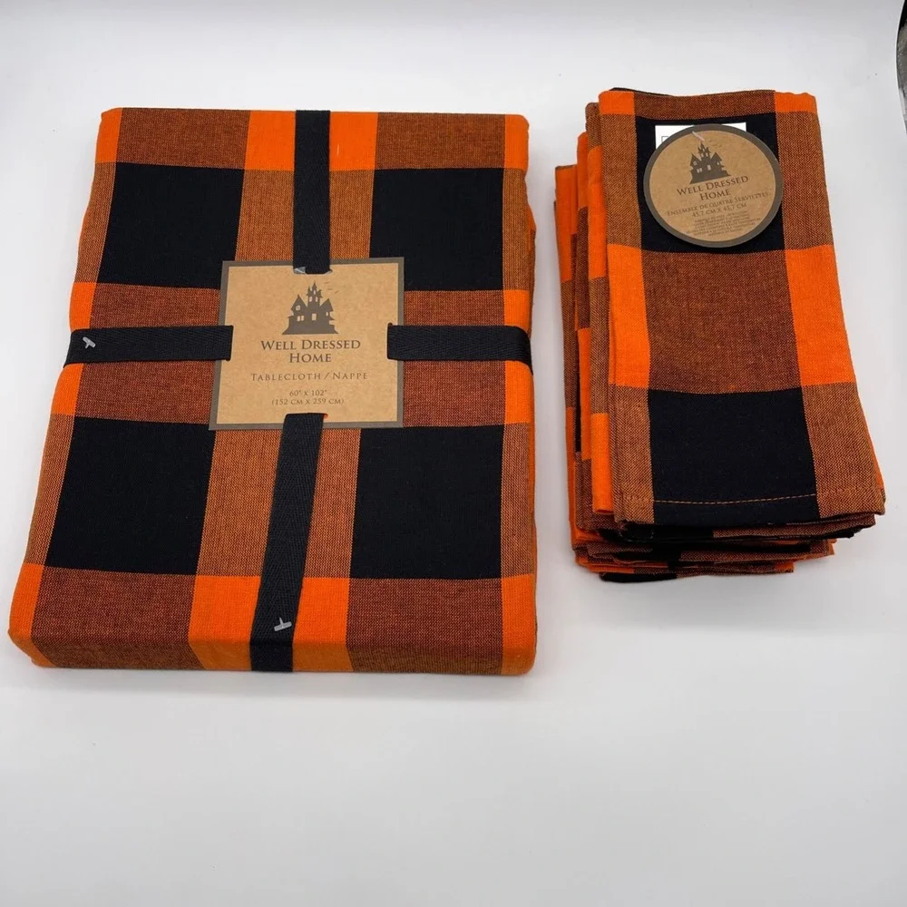Well Dressed‎ Home Fall Black & Orange Plaid Tablecloth and 12 Napkins Set